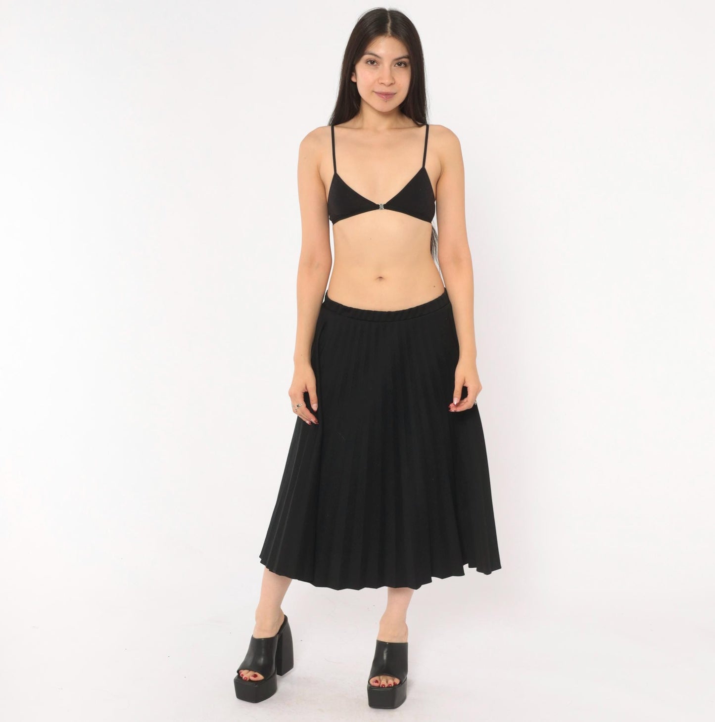 70s Sarah K Black Pleated Midi Skirt Accordion Knife Pleat Elastic Waist Medium Large