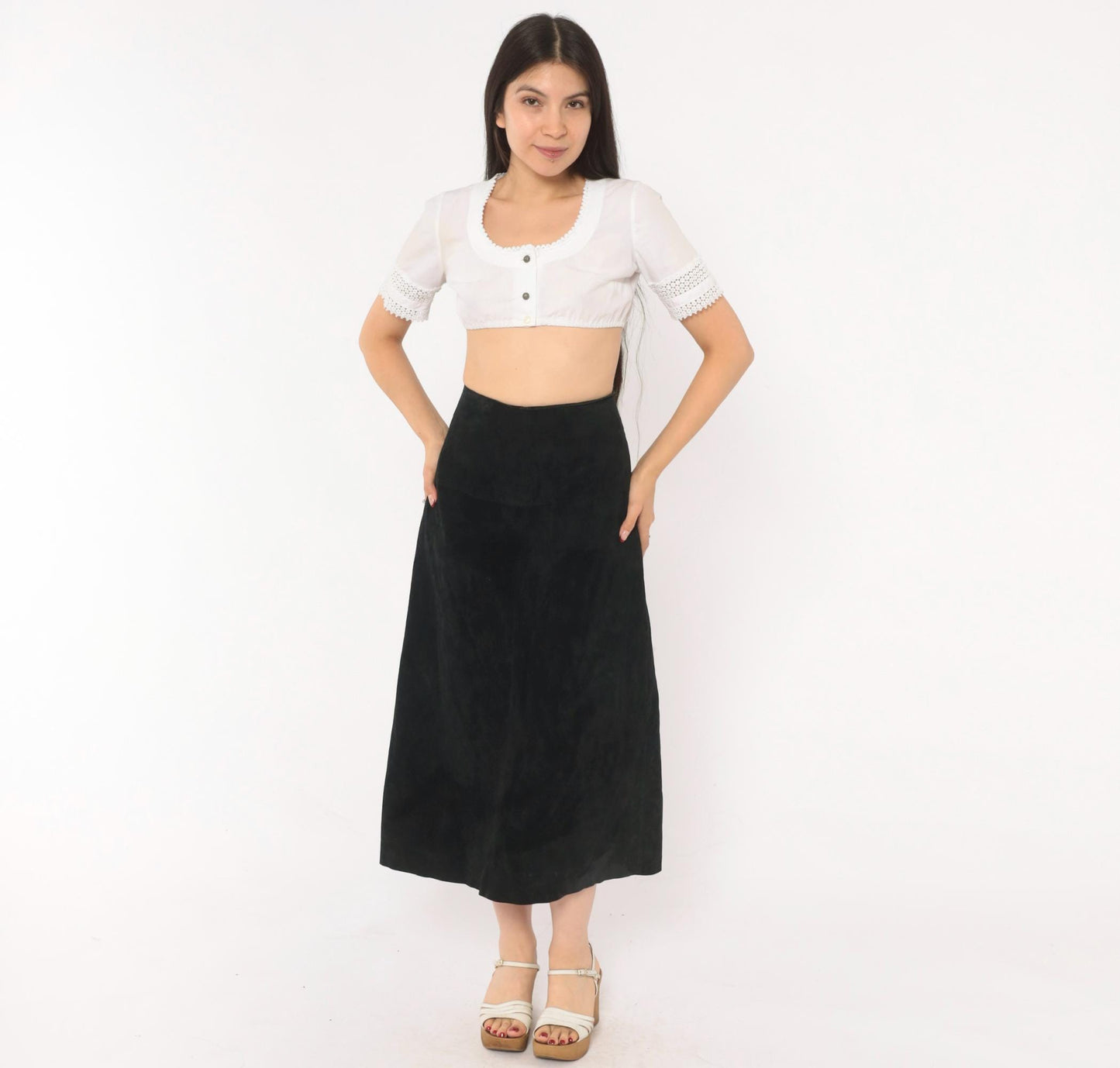 90s Black Suede A-Line Midi Skirt High Waist Paneled Large L