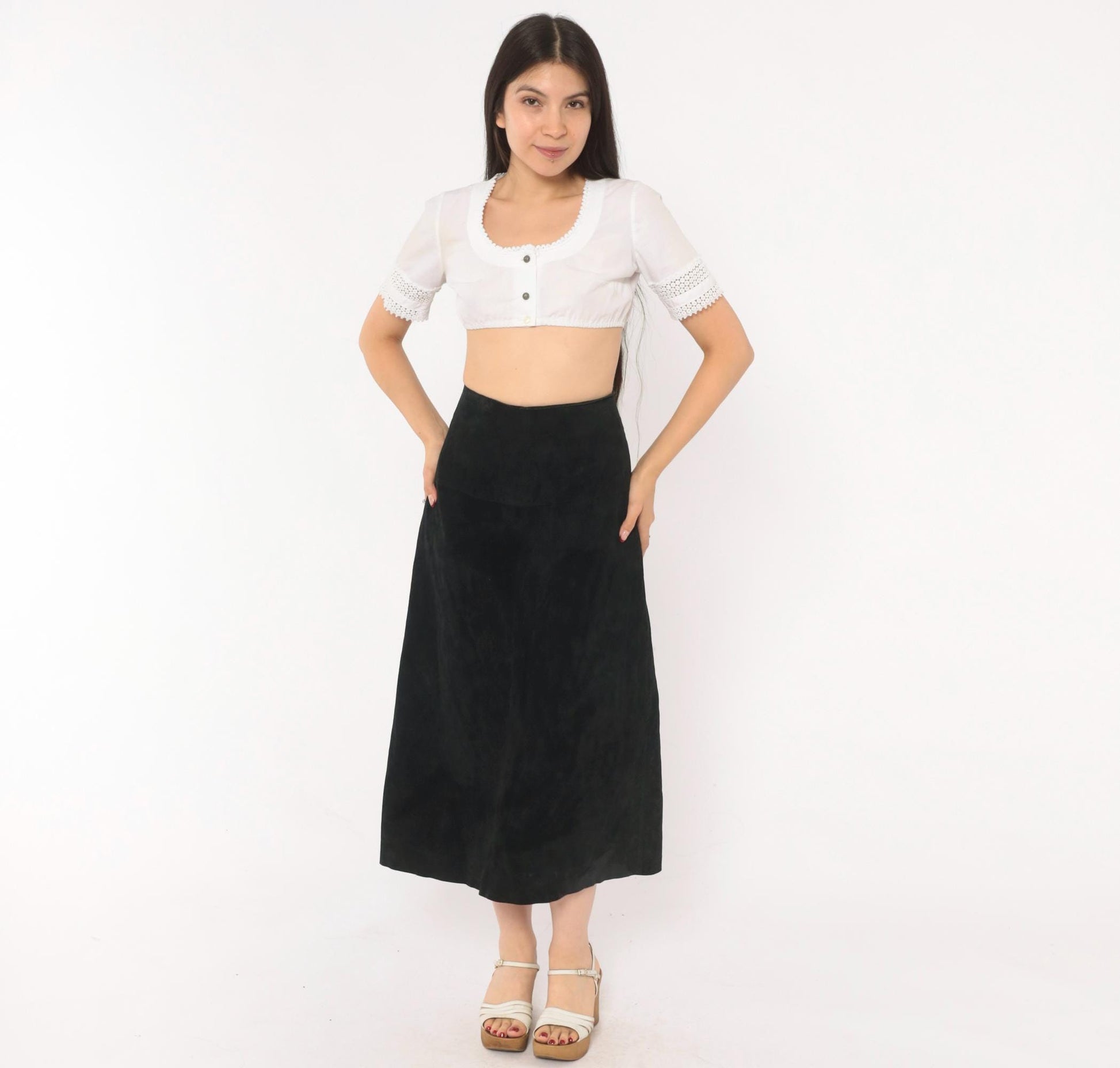 90s Black Suede A-Line Midi Skirt High Waist Paneled Large L