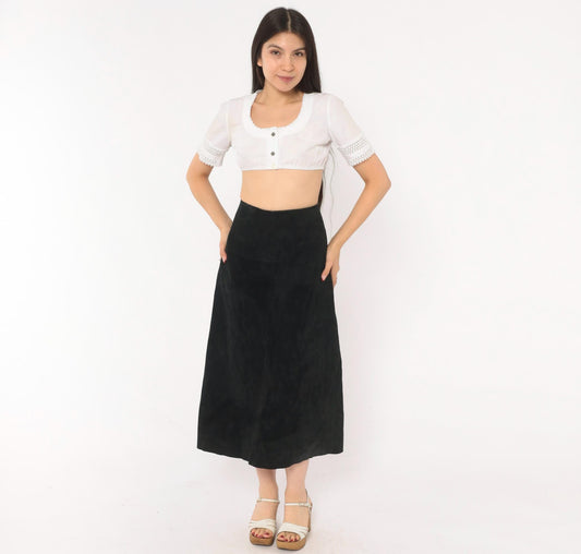 90s Black Suede A-Line Midi Skirt High Waist Paneled Large L