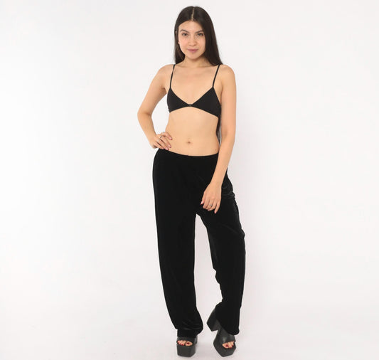 90s Black Velvet Pants Straight Leg Sheri Martin Elastic Waist Medium