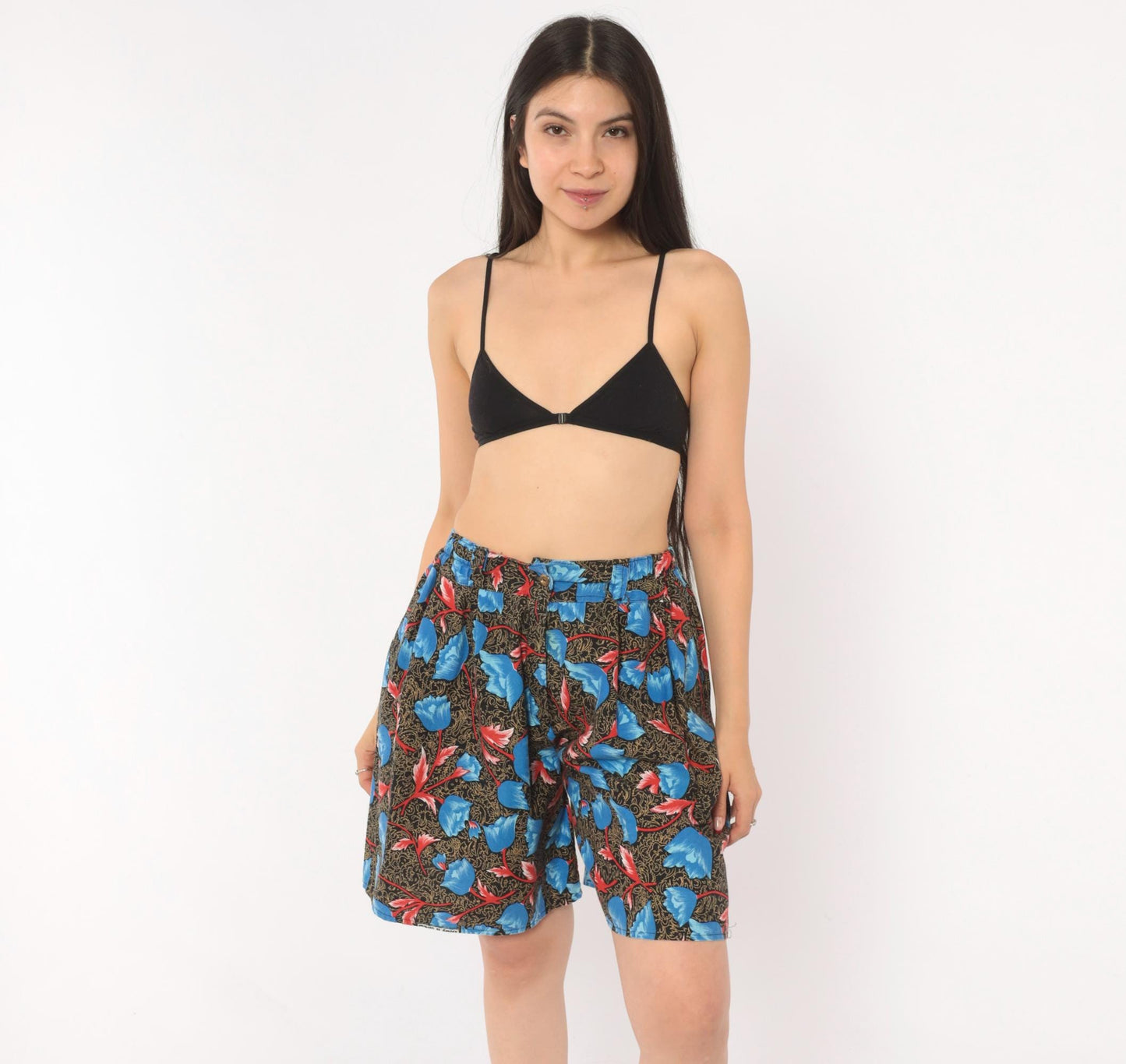 90s Blue Tulip Floral High-Waist Shorts Cotton Pleated Small Medium