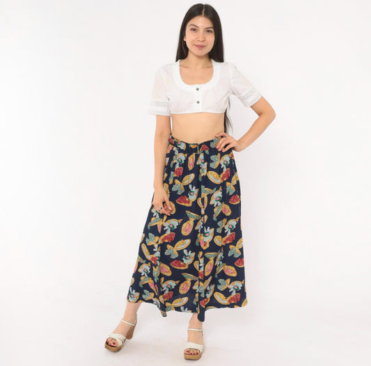 90s Susan Bristol Midi Skirt Straw Hat Print Navy Yellow Green Medium M