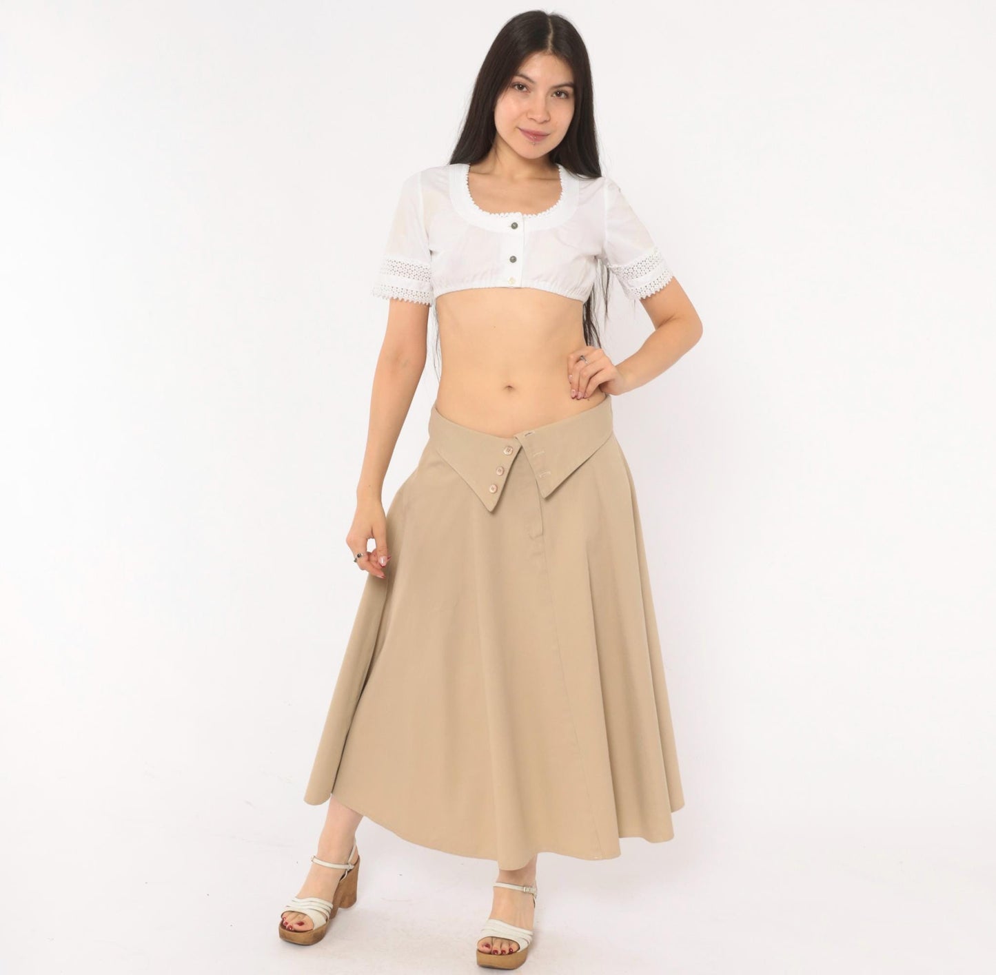 90s Tan A-Line Midi Skirt Fold-Over Waistband Button Front Medium
