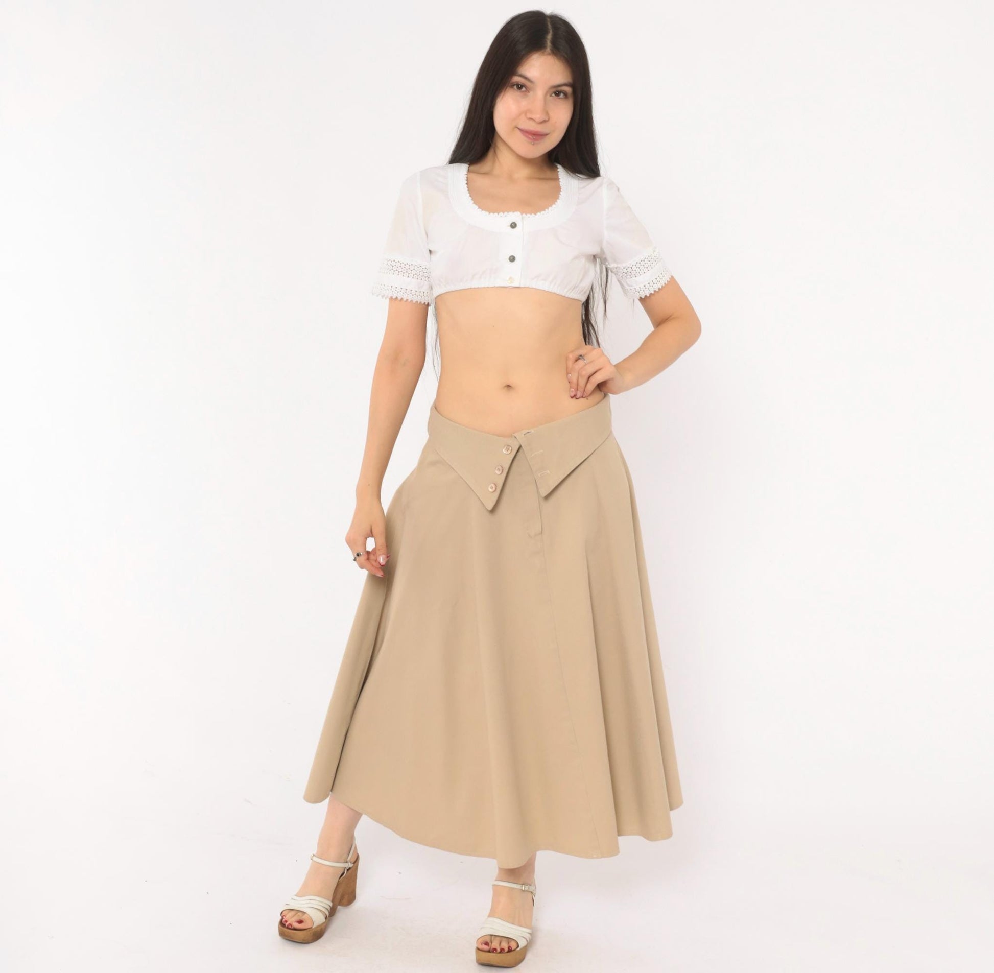 90s Tan A-Line Midi Skirt Fold-Over Waistband Button Front Medium