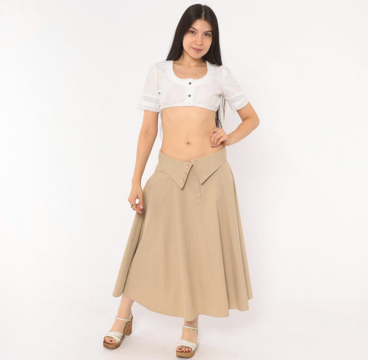 90s Tan A-Line Midi Skirt Fold-Over Waistband Button Front Medium