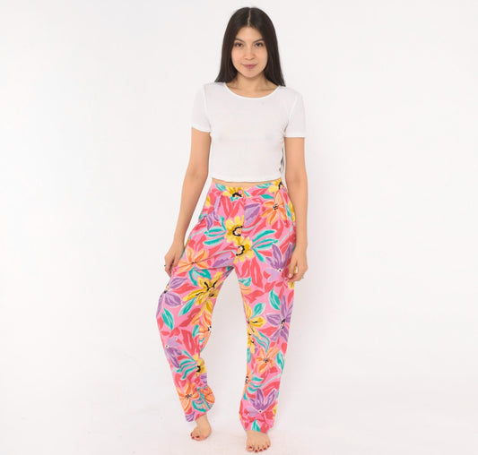 90s Charles Glueck Tropical Floral Tapered Pants Pink Purple High Waist Small