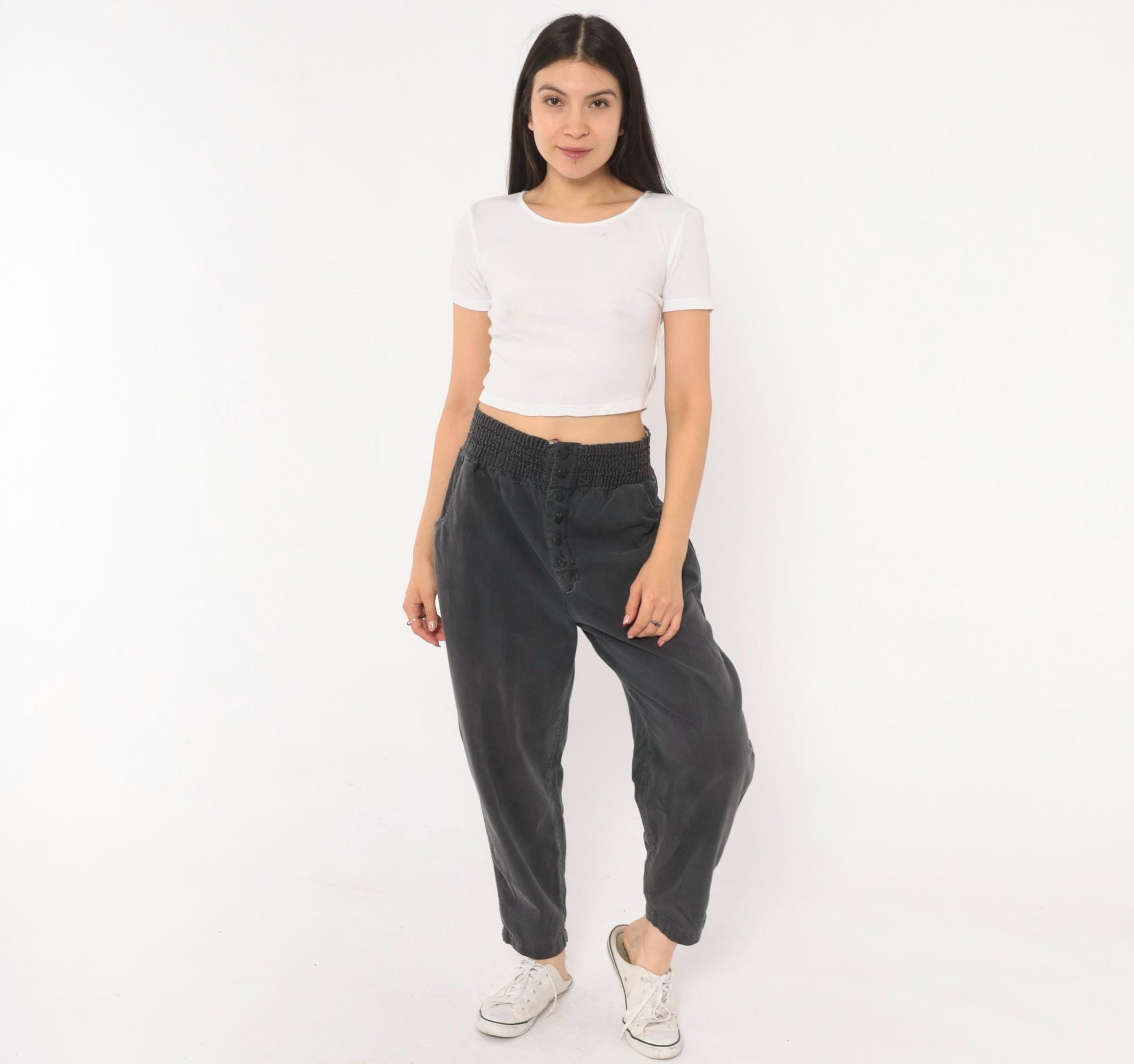 90s Smocked Waist Tapered Trouser Grey Cotton High Rise Button Fly Medium M