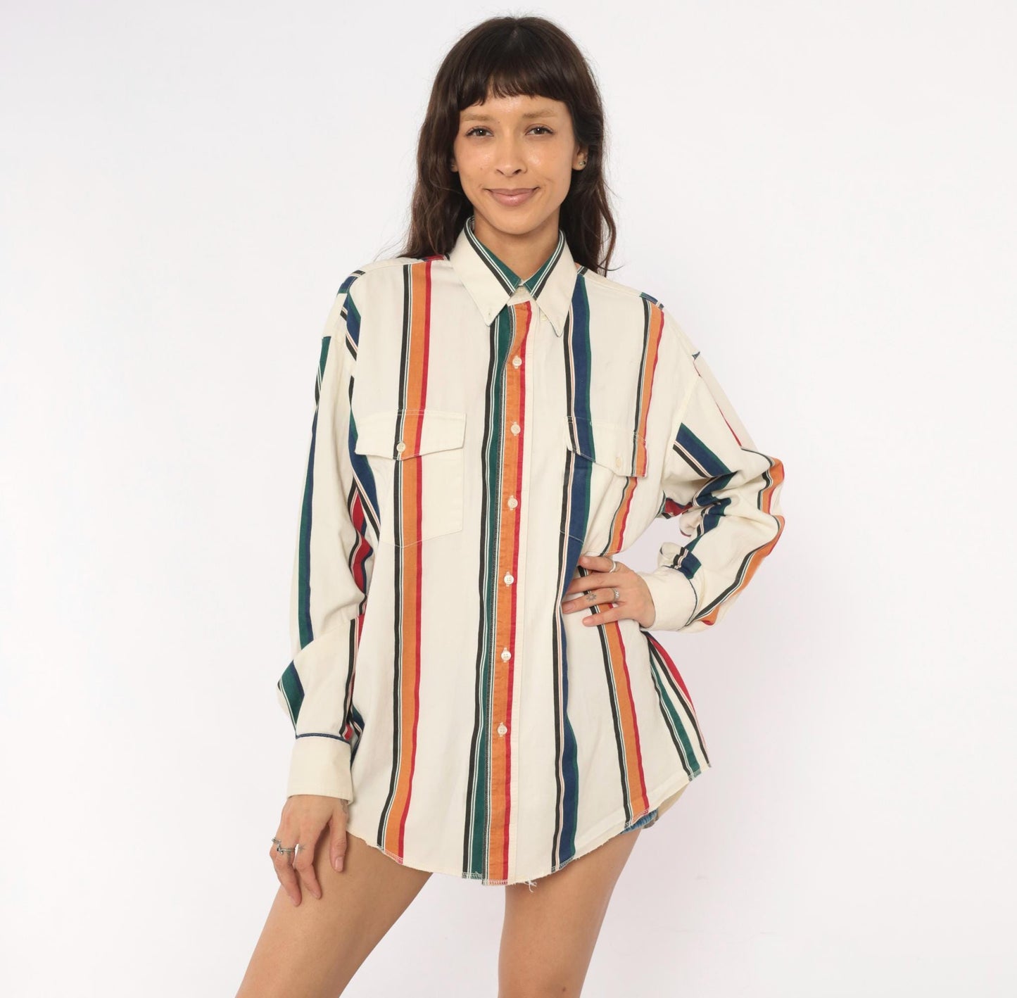 90s Wrangler Striped Button-Up Shirt Cream Navy Orange Vertical Stripe Western Extra Large XL