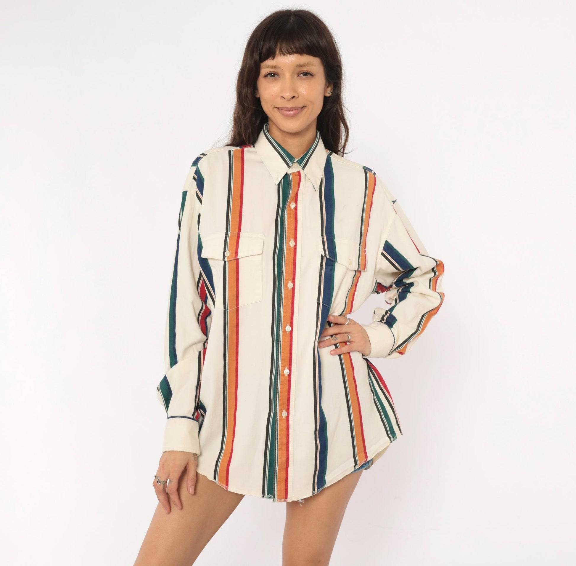 90s Wrangler Striped Button-Up Shirt Cream Navy Orange Vertical Stripe Western Extra Large XL