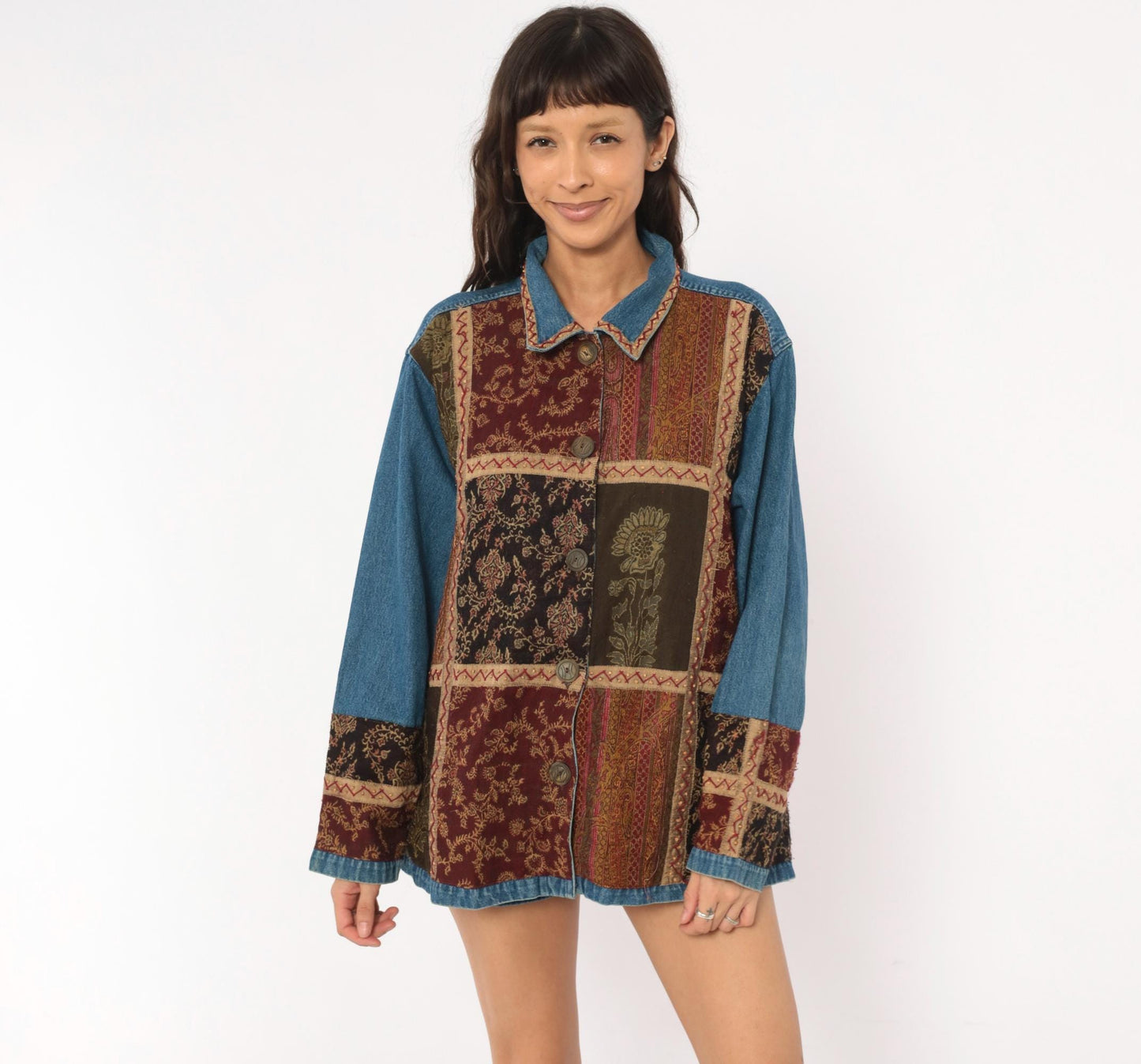 Y2K Units Woman Patchwork Denim Jacket Floral Tapestry Burgundy Extra Large XL