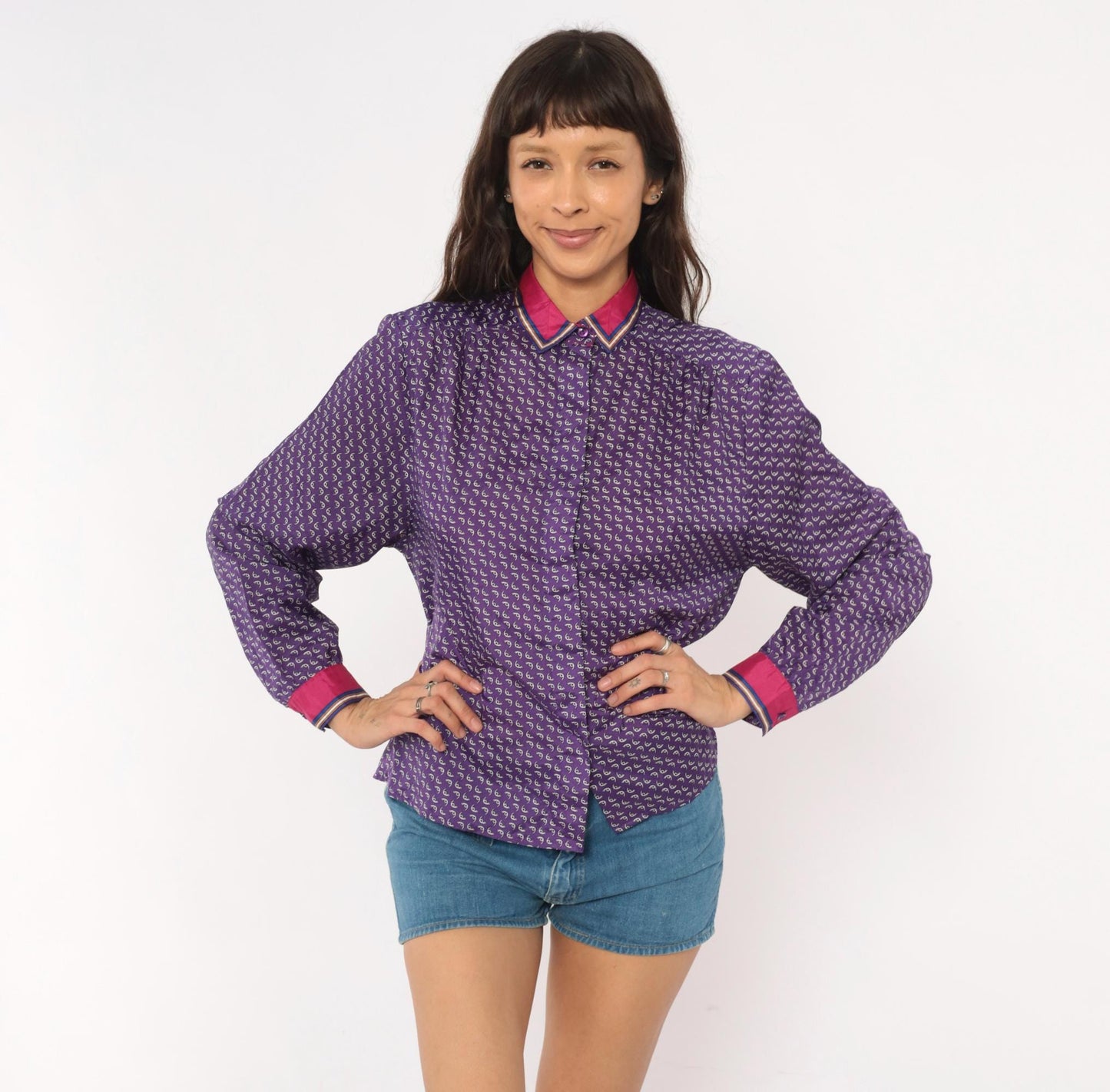 80s Lady Arrow Purple Paisley Button Blouse Pink Contrast Cuffs Medium