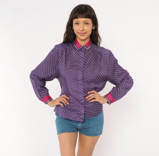 80s Lady Arrow Purple Paisley Button Blouse Pink Contrast Cuffs Medium