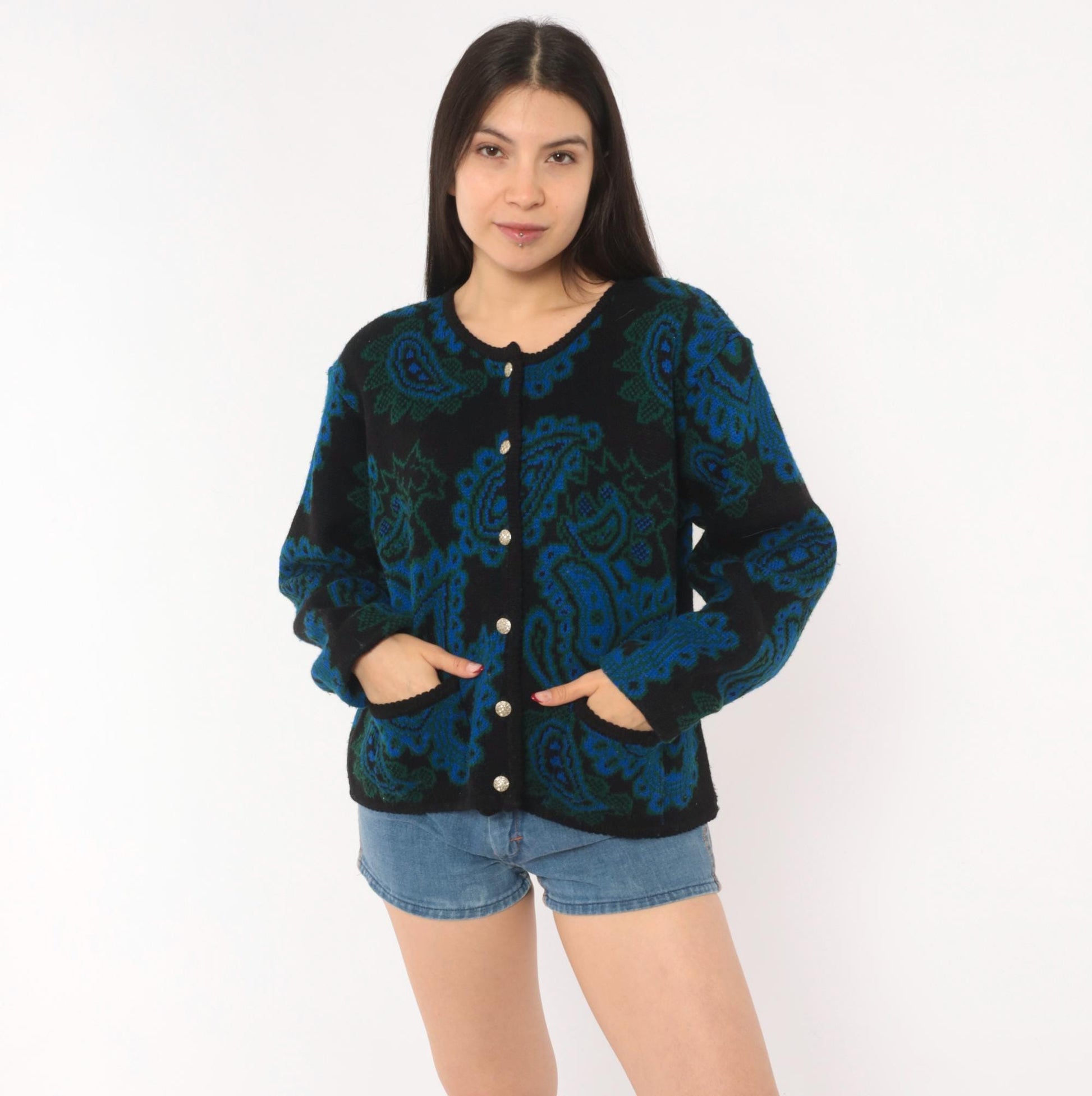 70s Tally-Ho Paisley Jacquard Cardigan Blue Green Black Button Front Large