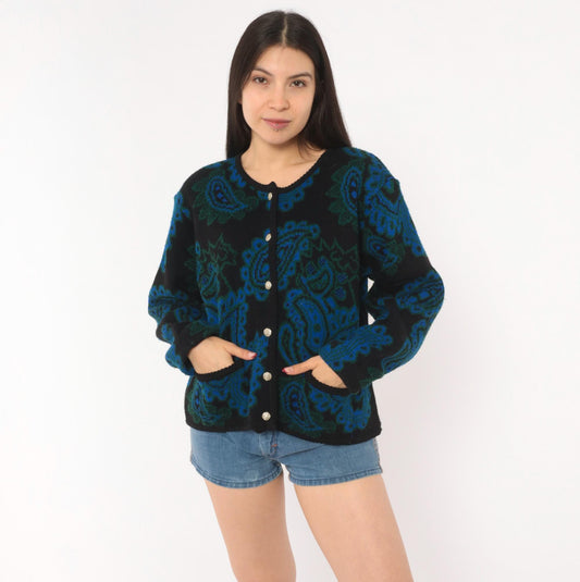 70s Tally-Ho Paisley Jacquard Cardigan Blue Green Black Button Front Large
