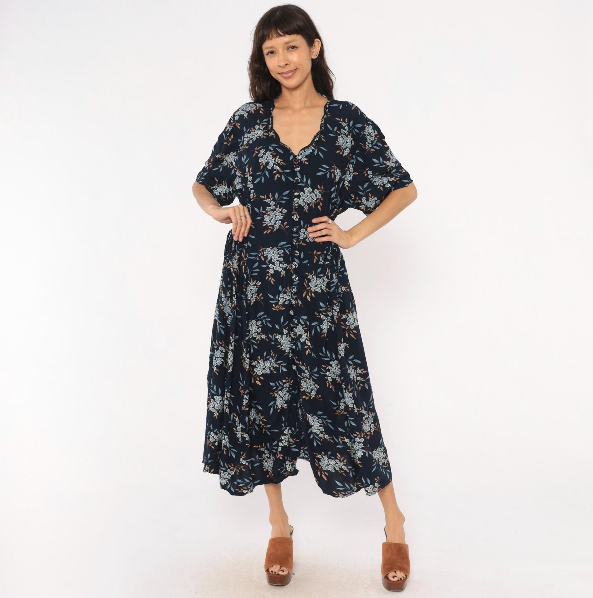90s Jamie Brooke Floral Midi Dress Navy Blue Tie Waist Plus Size 20W