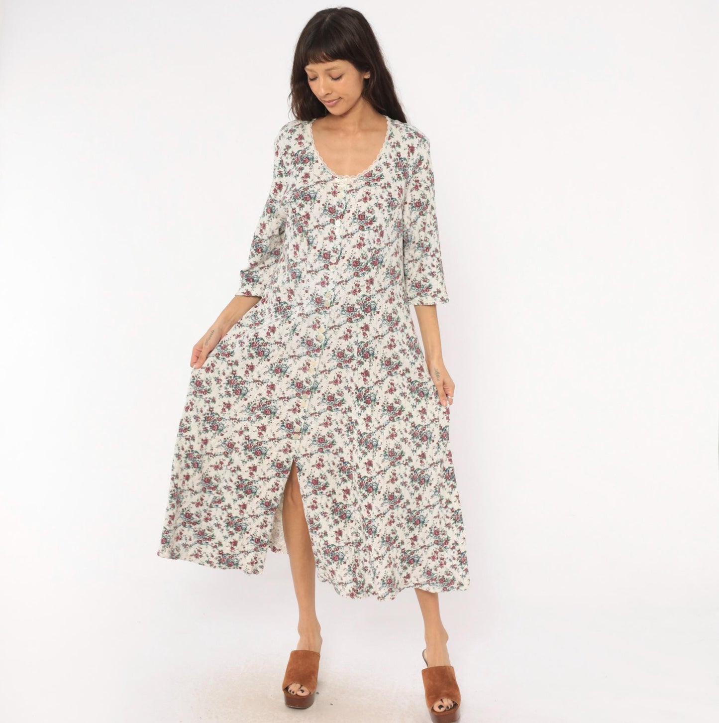 90s More En Focus Floral Midi Dress Bell Sleeve White Burgundy Large L