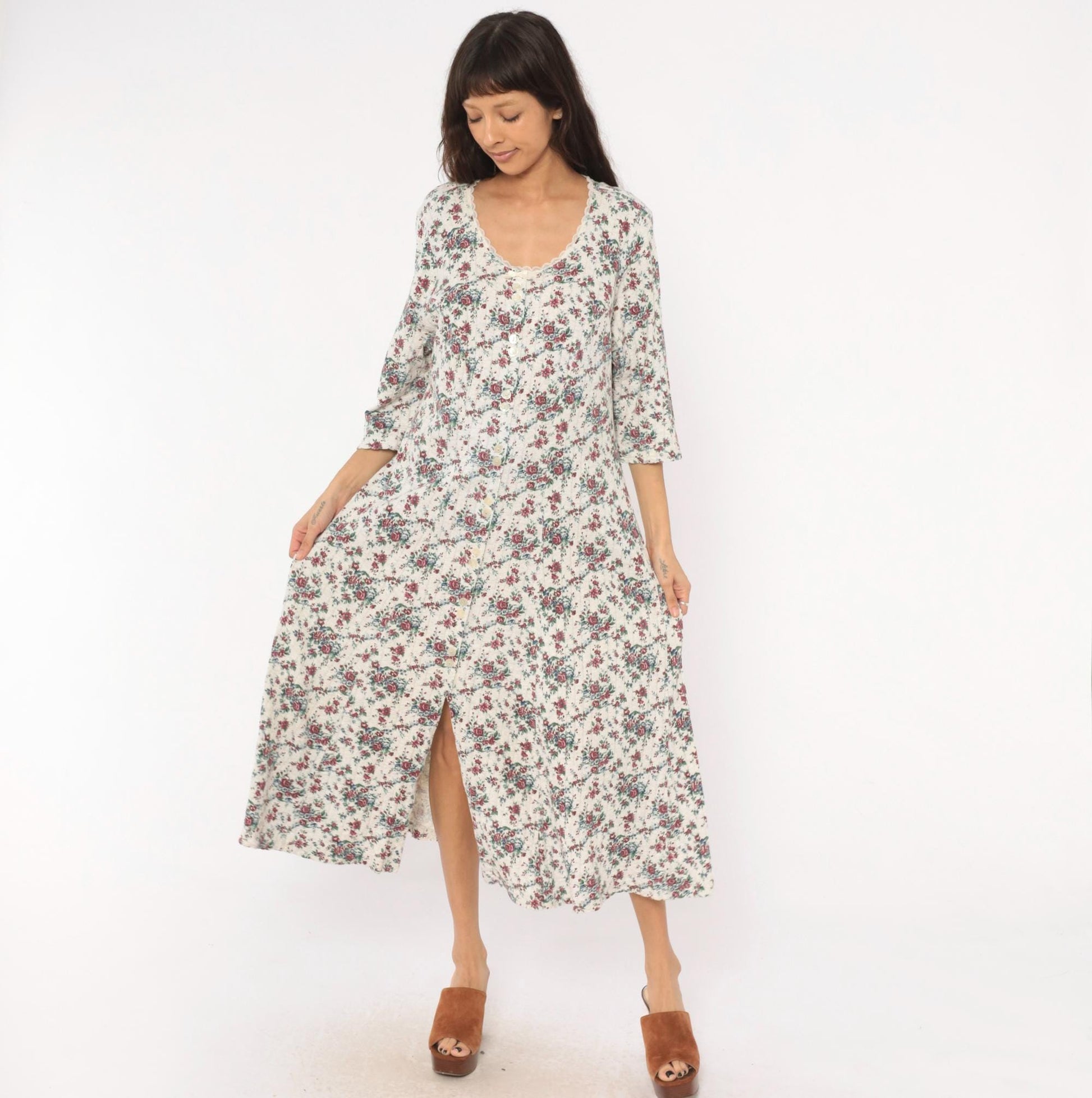 90s More En Focus Floral Midi Dress Bell Sleeve White Burgundy Large L