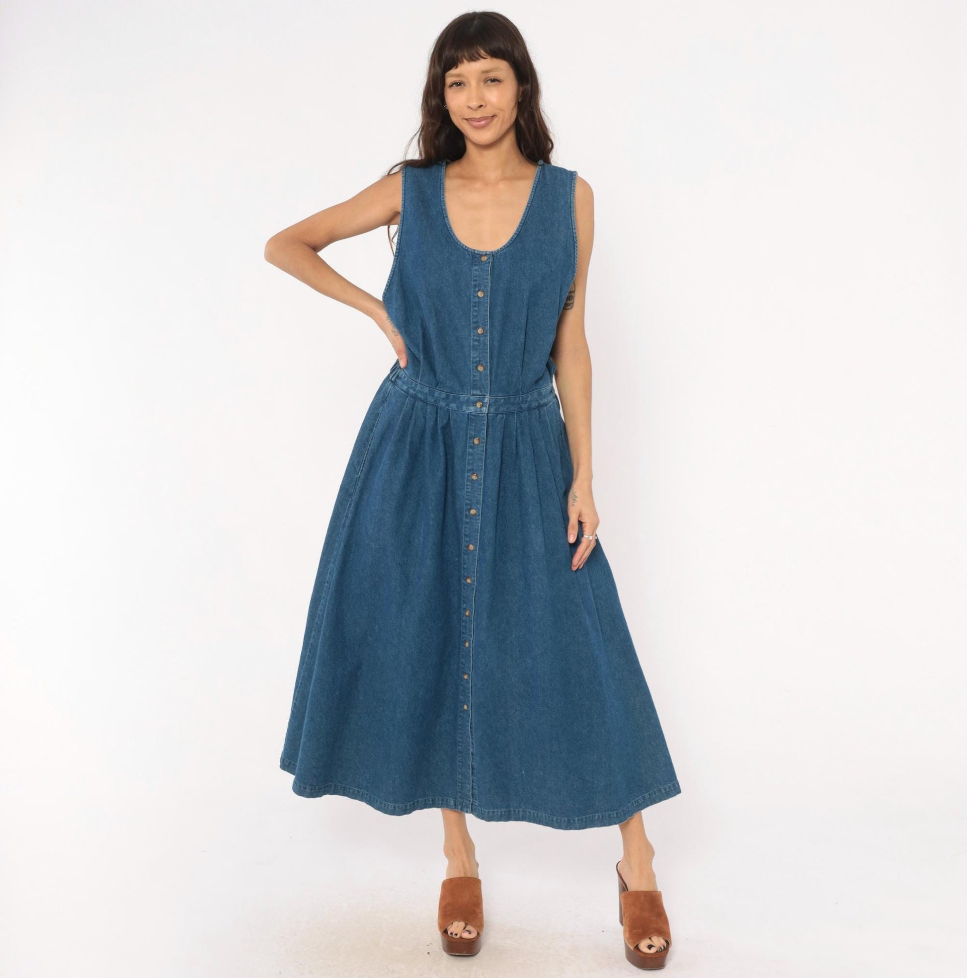 90s Eddie Bauer Denim Maxi Dress Sleeveless Button Front Blue Cotton Large L
