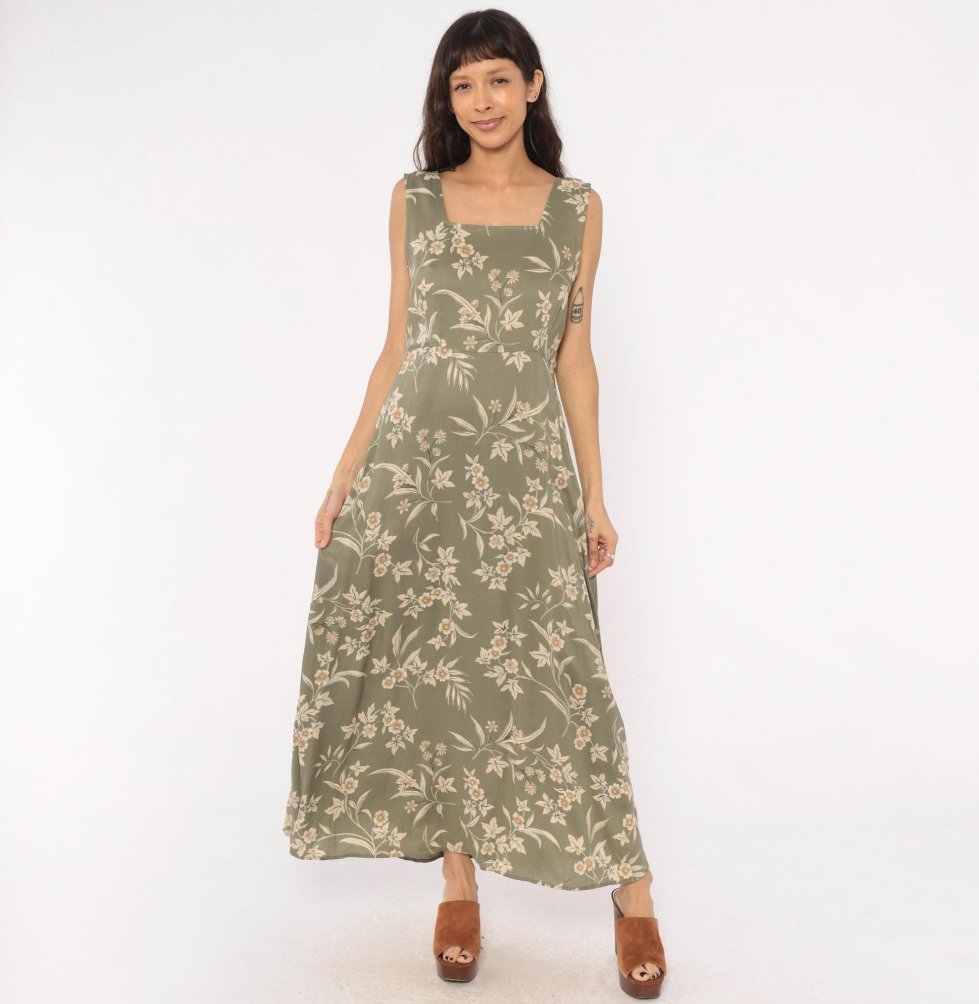 90s Kathie Lee Olive Floral Maxi Dress Cream Botanical Fitted Waist Large L