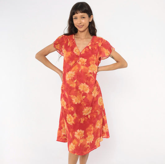 90s C.J. Banks Floral Shift Dress Red Orange Watercolor Knee Length Plus Size 14W