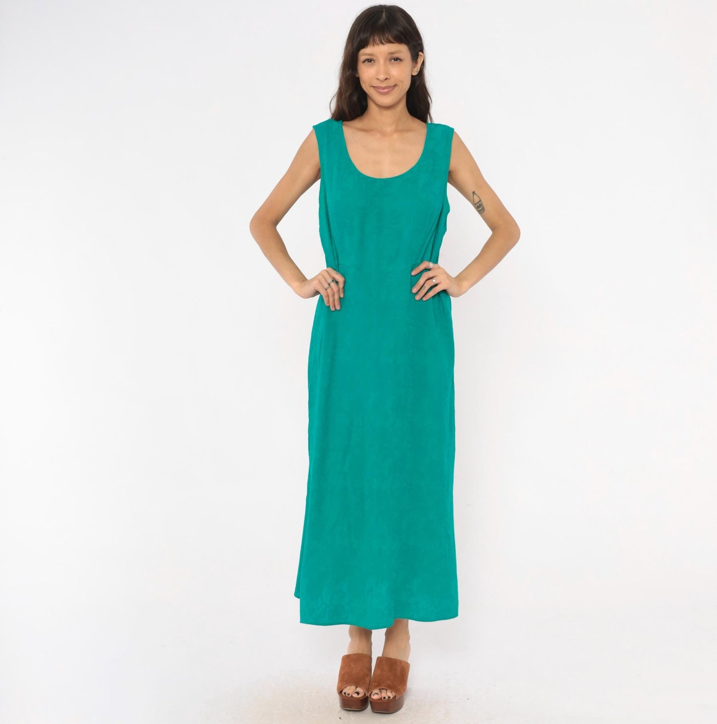 90s Karin Stevens Teal Maxi Dress Sleeveless Empire Waist Ankle Length Large L