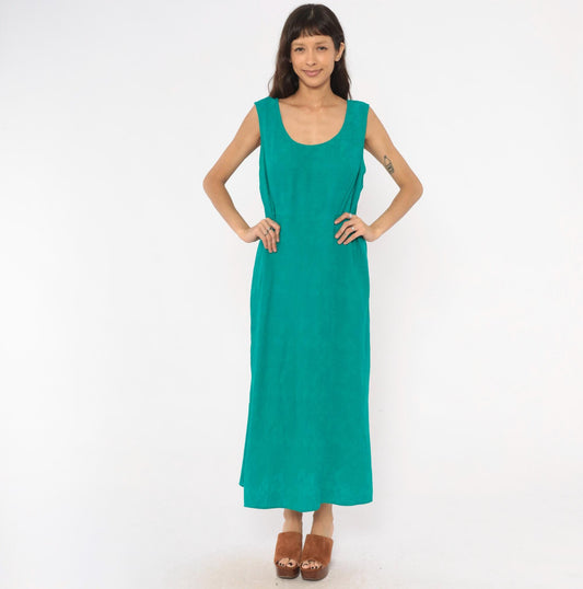 90s Karin Stevens Teal Maxi Dress Sleeveless Empire Waist Ankle Length Large L