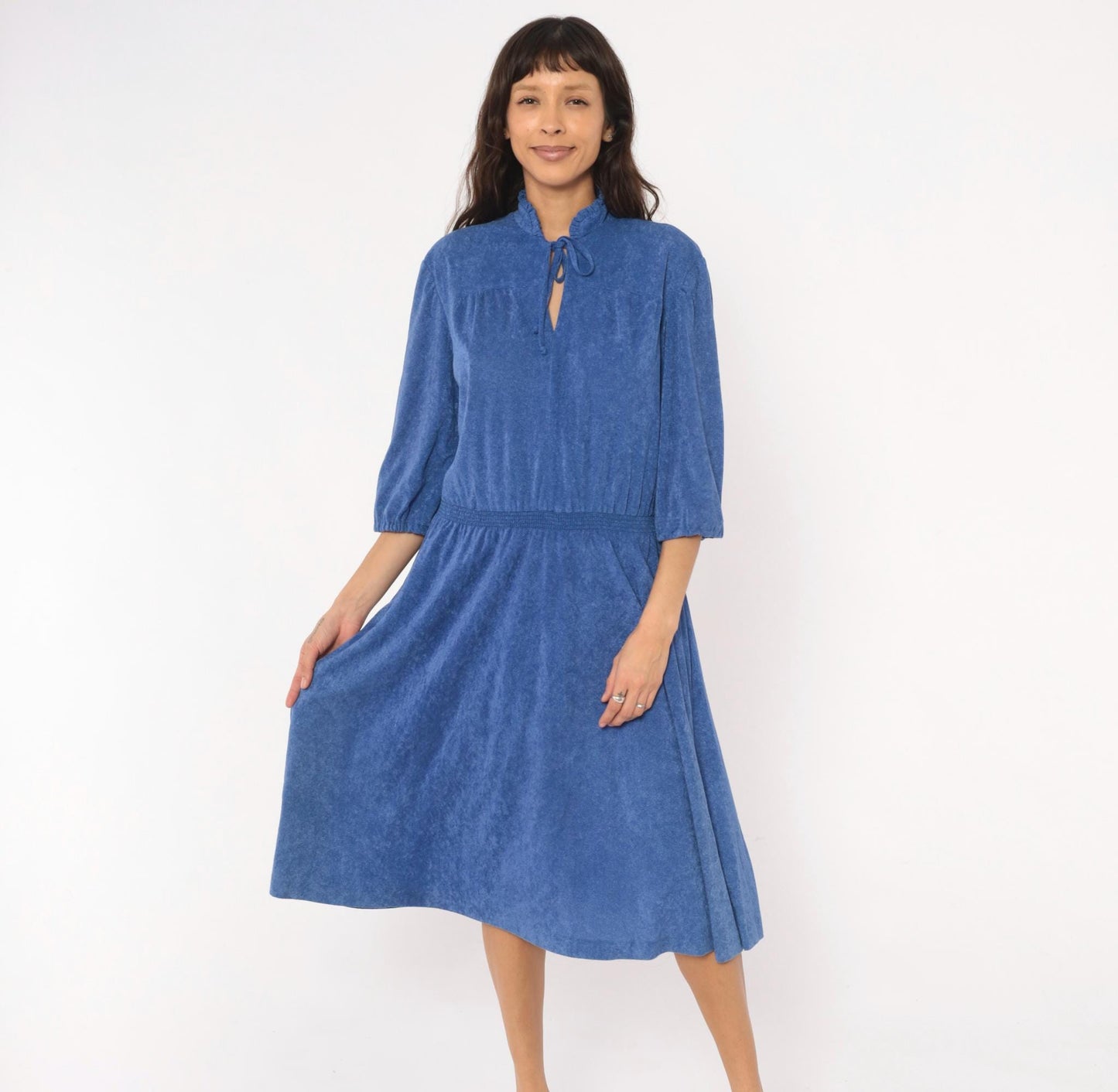 1970s Cobalt Terry Cloth Dress Tie Neck Puff Sleeve Flared Midi Large L