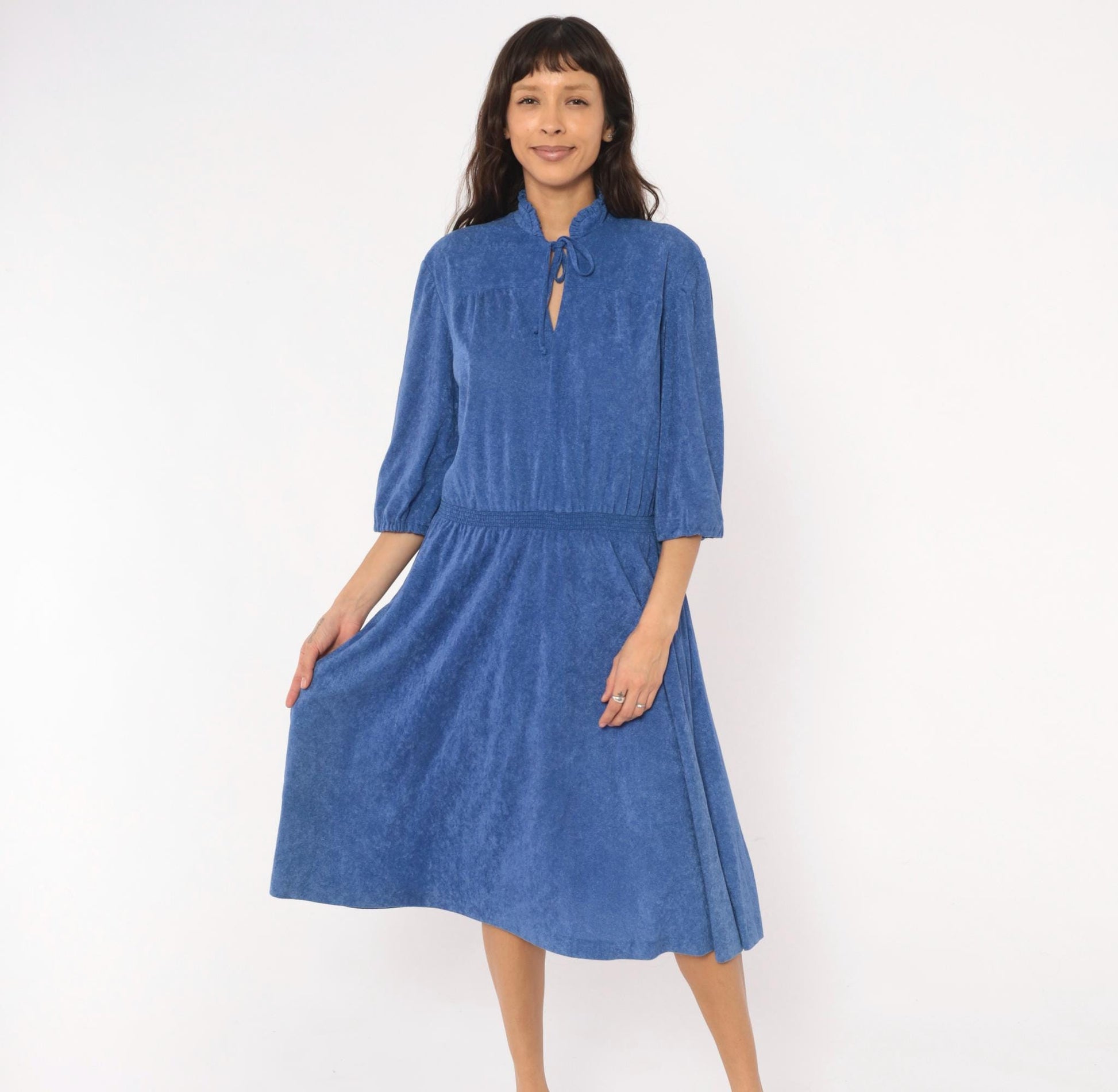 1970s Cobalt Terry Cloth Dress Tie Neck Puff Sleeve Flared Midi Large L