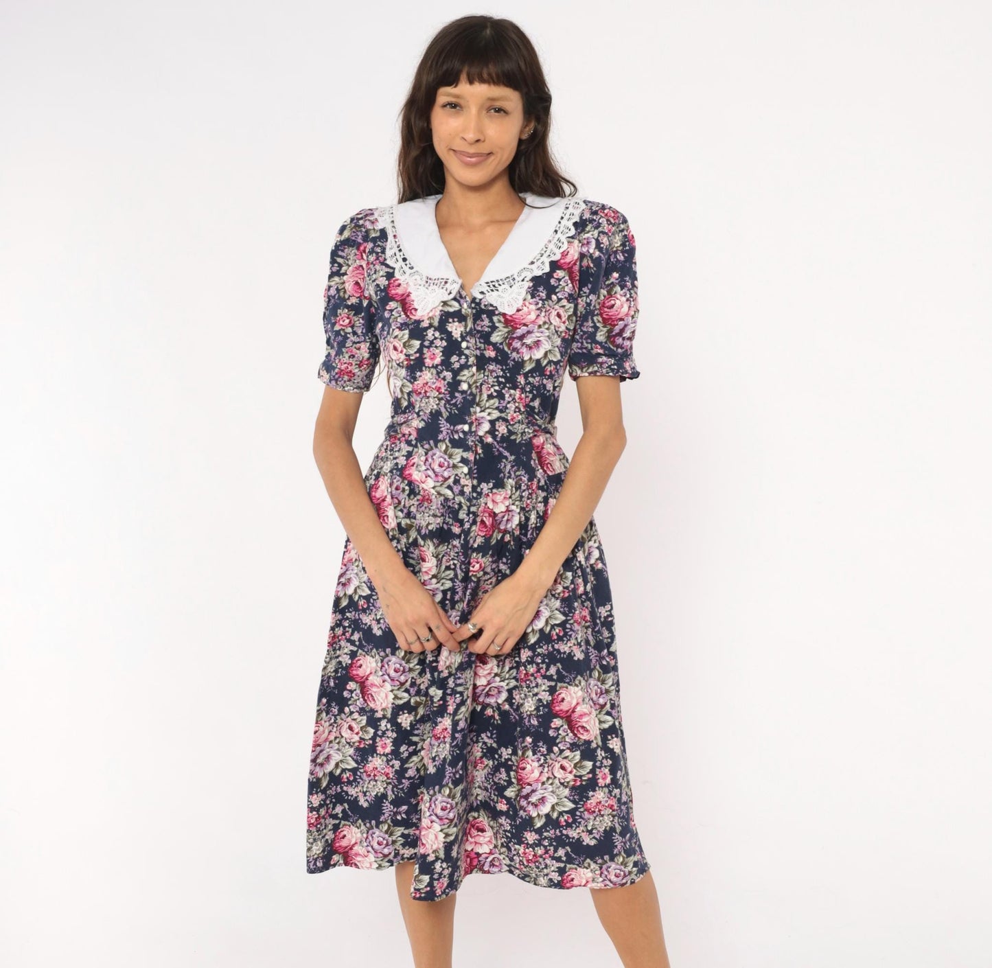 90s Especially Yours Navy Floral Midi Dress Lace Collar Puff Sleeve Medium M