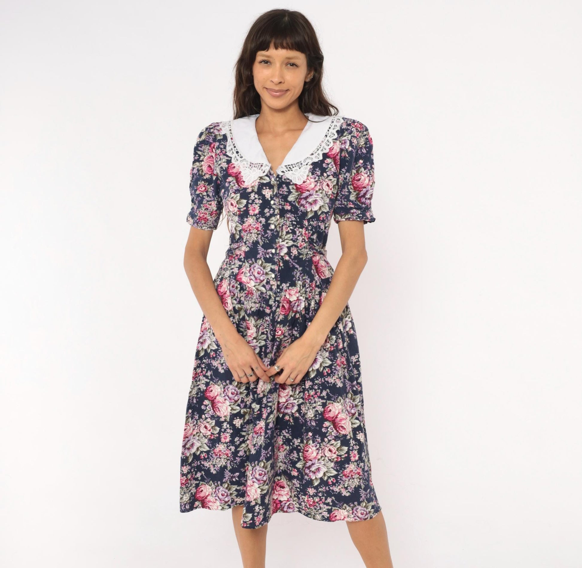 90s Especially Yours Navy Floral Midi Dress Lace Collar Puff Sleeve Medium M
