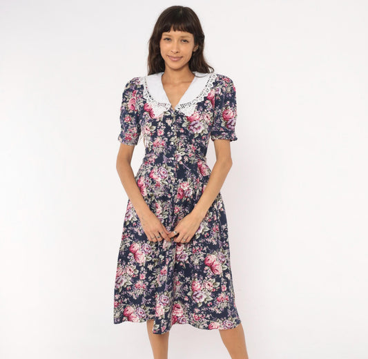 90s Especially Yours Navy Floral Midi Dress Lace Collar Puff Sleeve Medium M