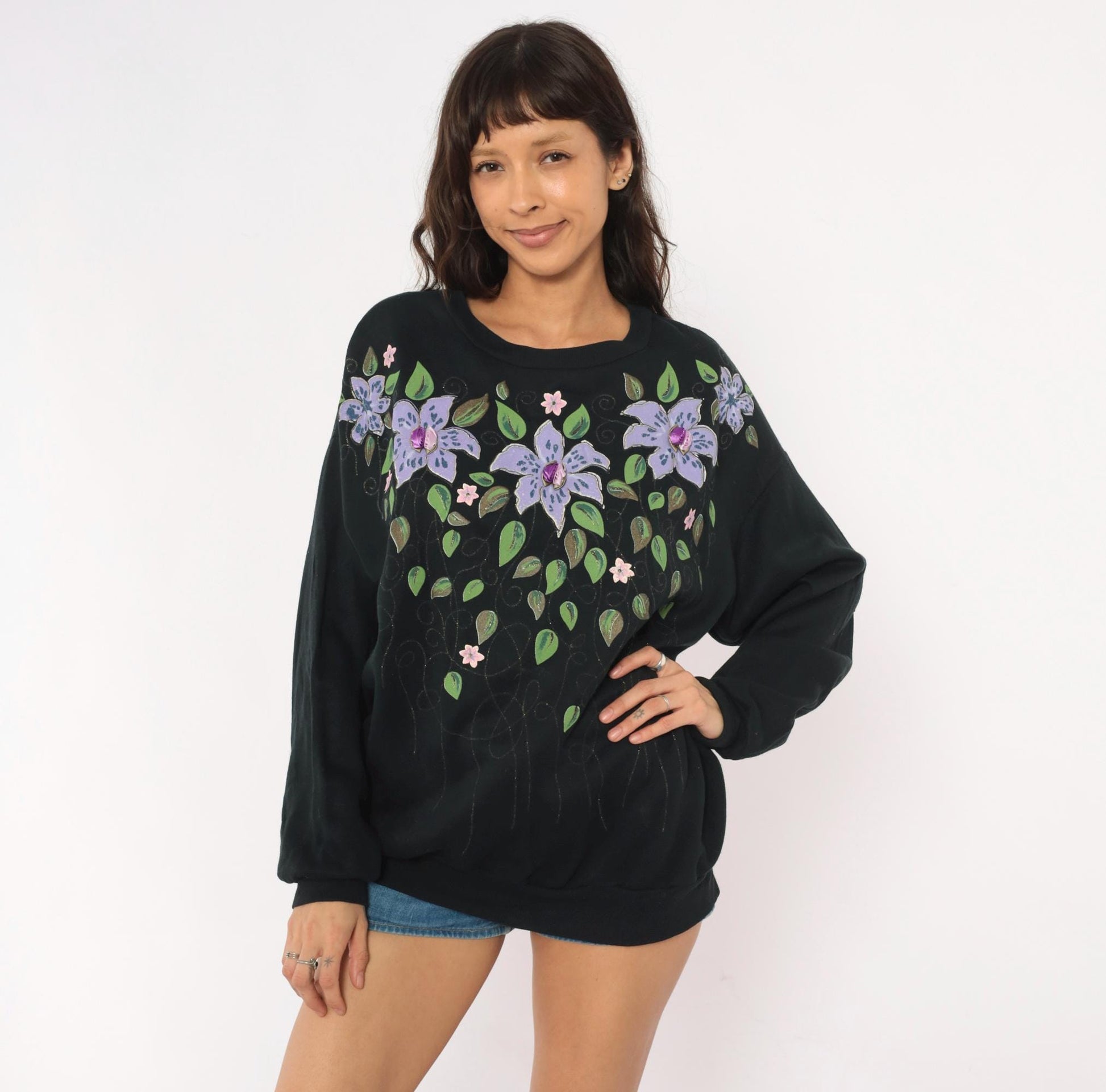 90s Cristin Stevens Floral Sweatshirt Black Purple Lily Jeweled Crewneck Large L