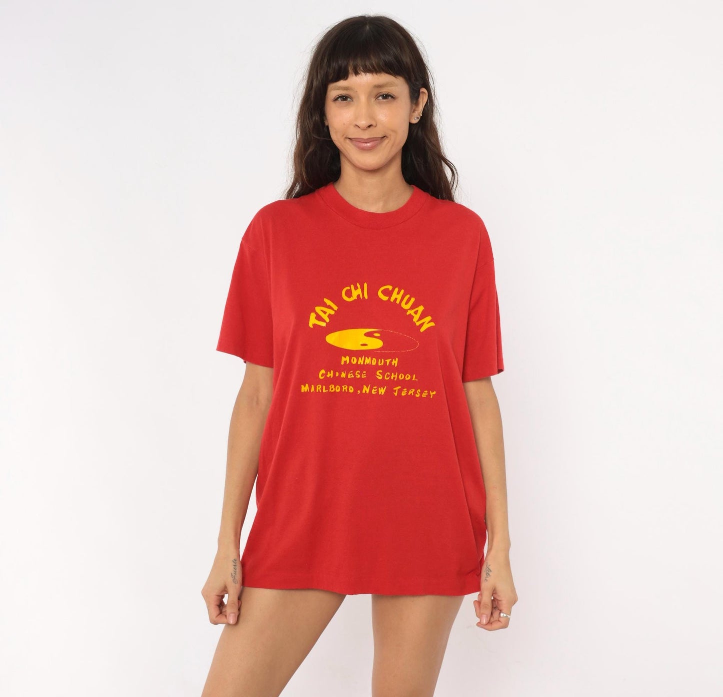 90s Screen Stars Tai Chi Chuan Graphic Tee Red Yellow Yin Yang Extra Large XL
