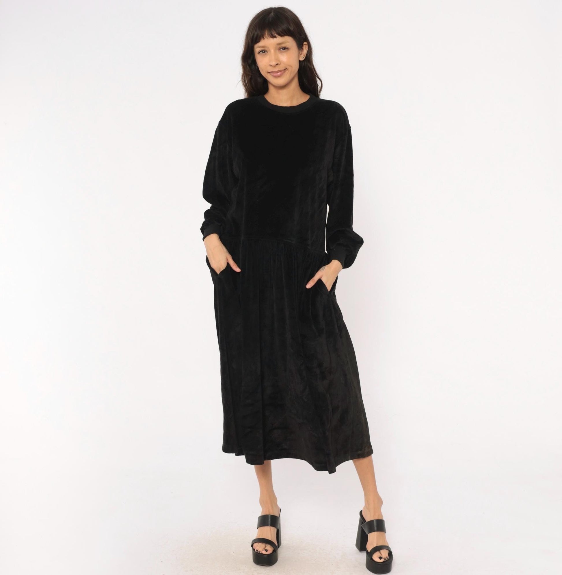 90s Lizsport Black Velvet Midi Dress Drop Waist Pockets Large L