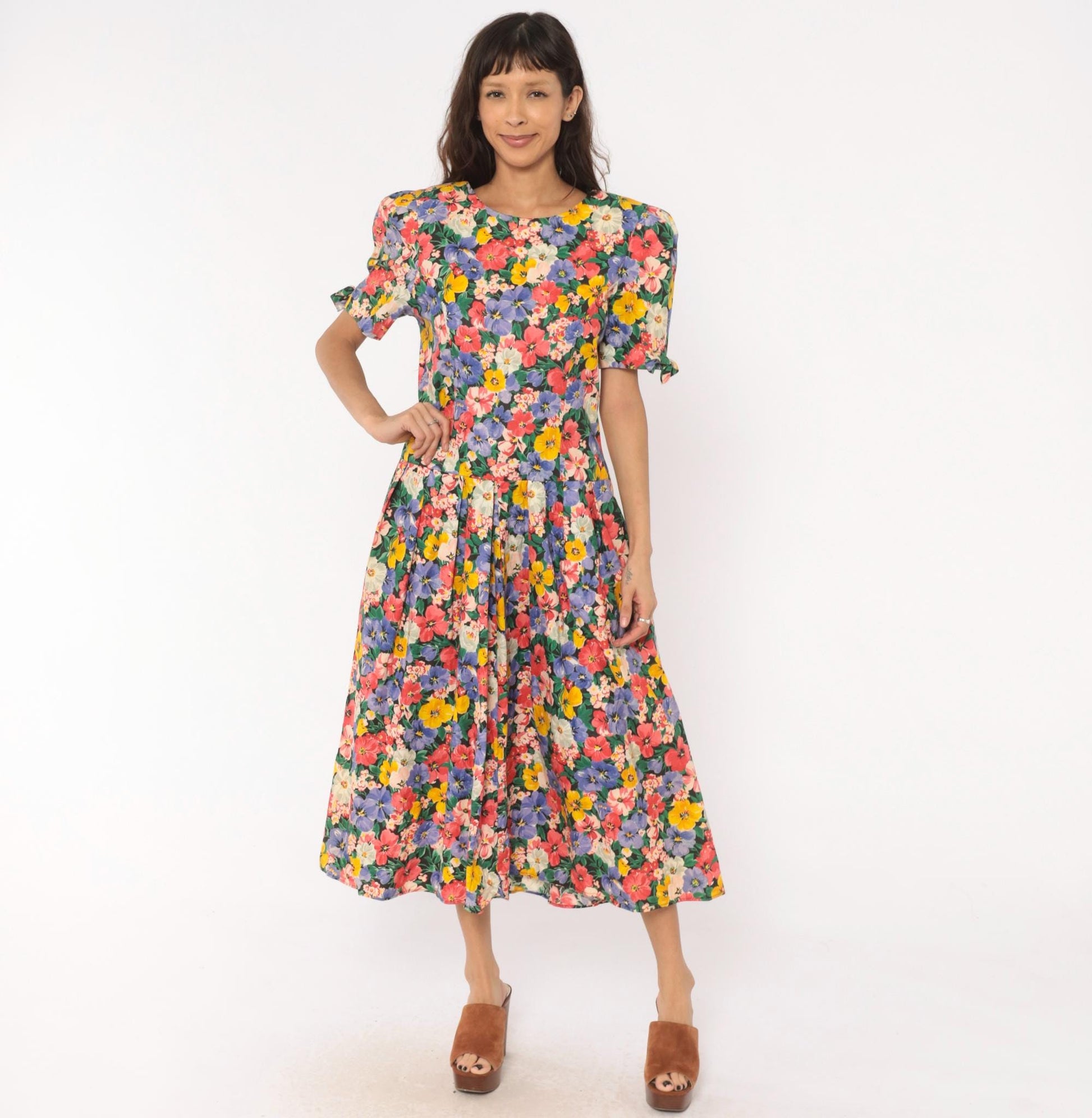 90s Kwai Floral Midi Dress Cutout Back Puff Sleeve Cotton Medium M