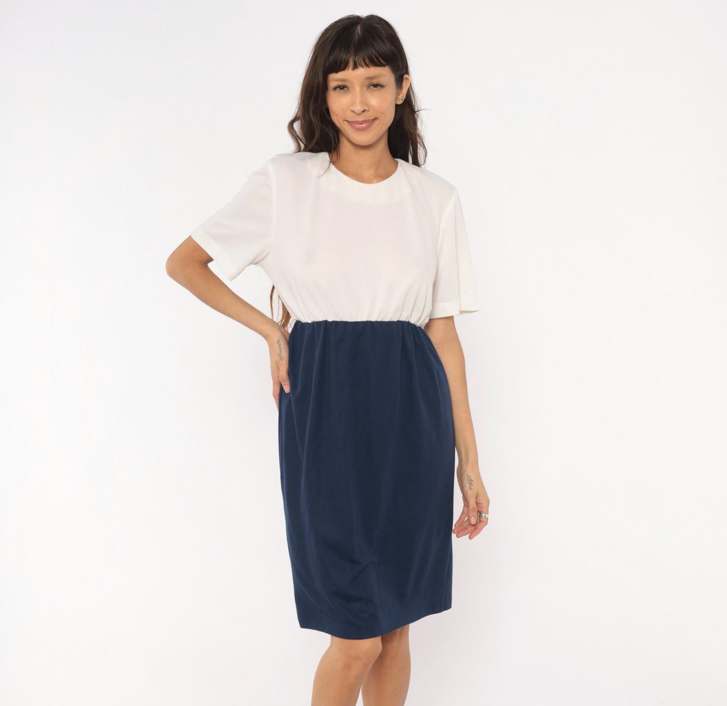 80s Navy Cream Colorblock Dress Keyhole Back Button Knee-Length Medium Large
