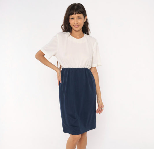 80s Navy Cream Colorblock Dress Keyhole Back Button Knee-Length Medium Large