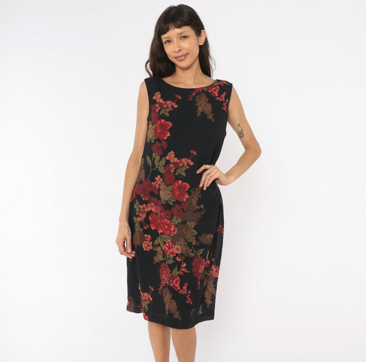 90s David Warren Floral Shift Dress Black Red Roses Knee-Length Large L