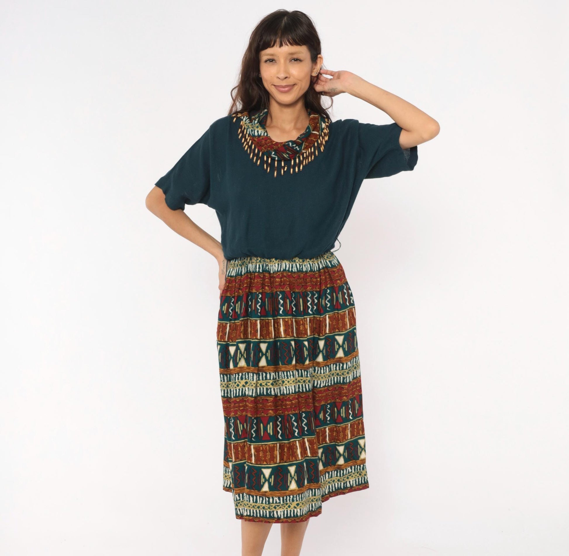 90s Stuart Alan Petites Tribal Print Dress Teal Burgundy Midi V Neck Medium