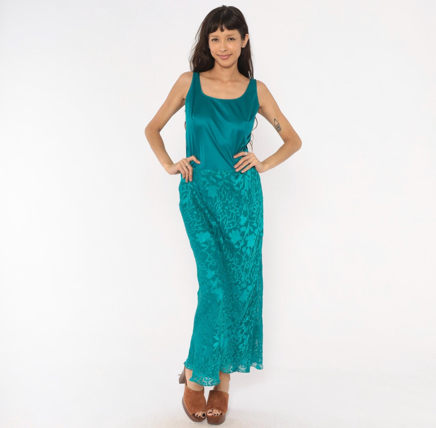 Y2K Cattiva Teal Silk Burnout Maxi Dress Floral Devore Scoop Neck Medium M