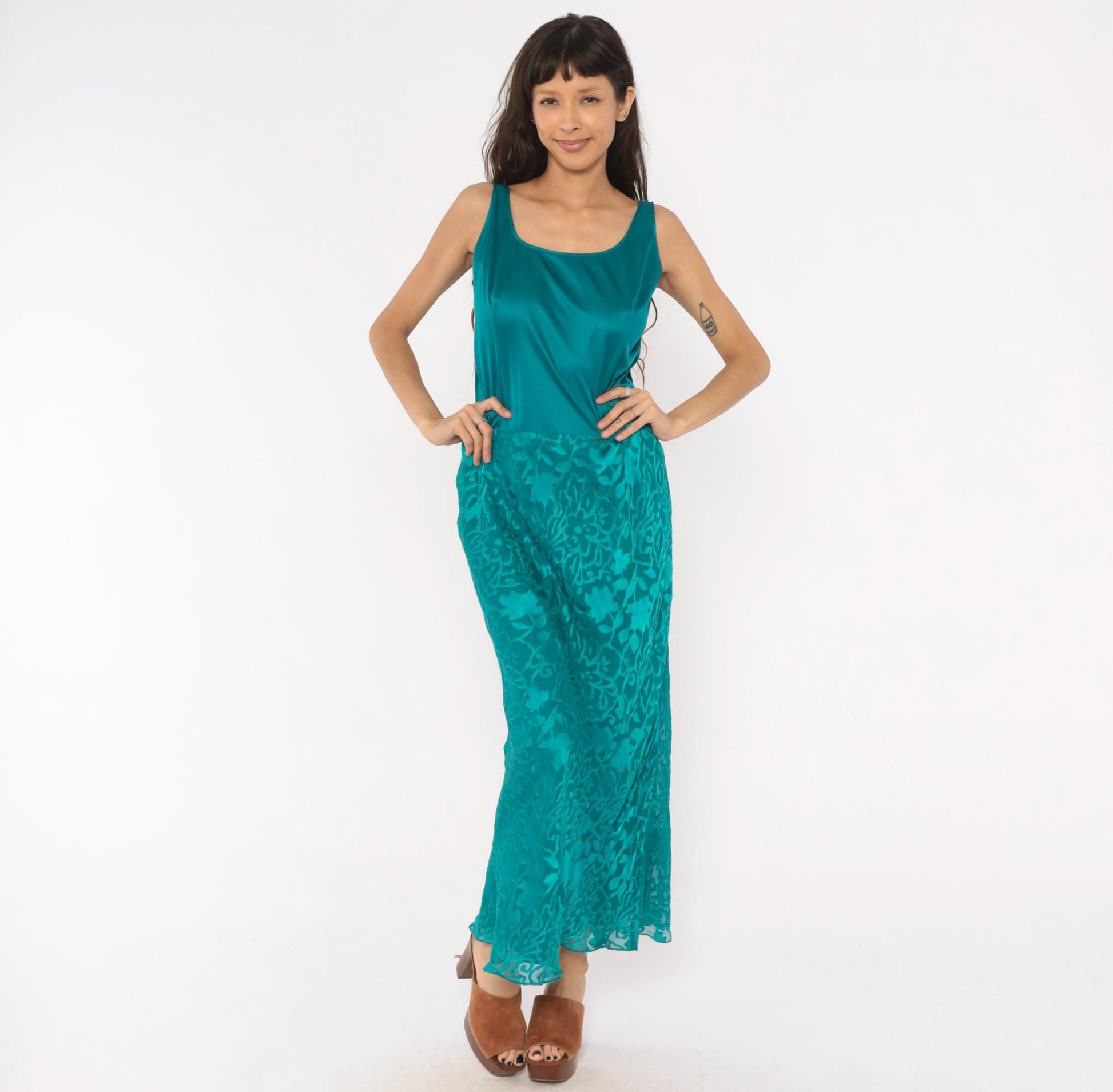 Y2K Cattiva Teal Silk Burnout Maxi Dress Floral Devore Scoop Neck Medium M