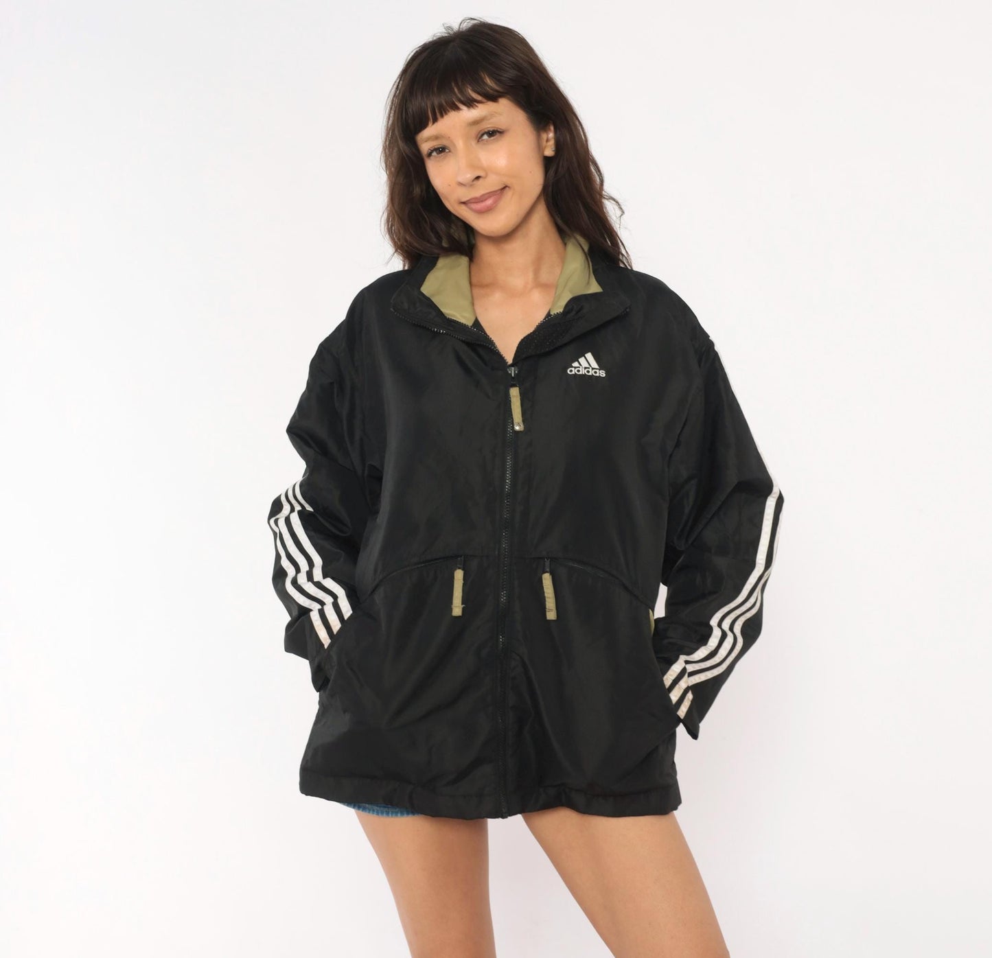 90s Adidas Windbreaker Black Olive Three Stripe Hooded Nylon Jacket Medium M