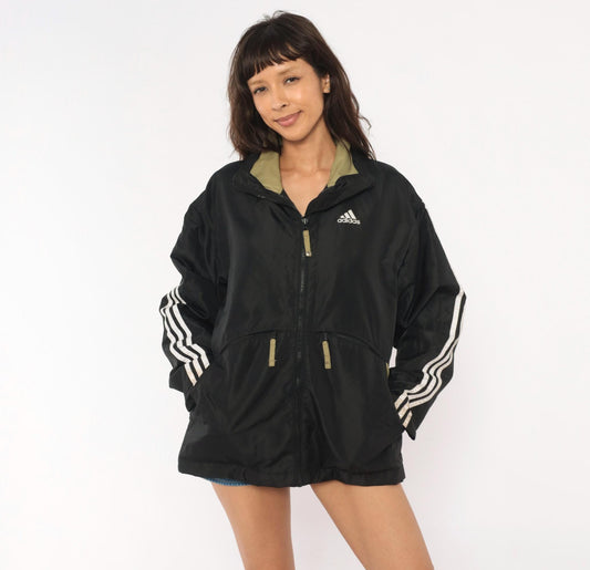 90s Adidas Windbreaker Black Olive Three Stripe Hooded Nylon Jacket Medium M