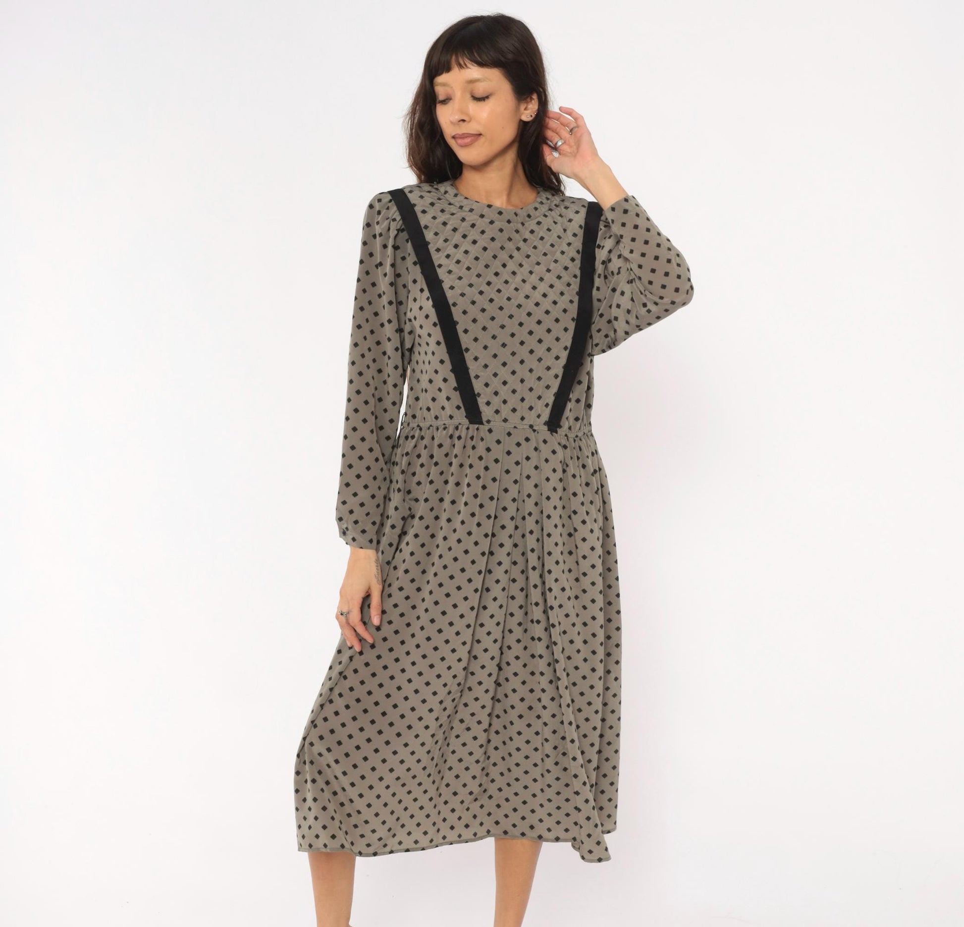 80s Donna Morgan Diamond Print Midi Dress Grey Balloon Sleeve Medium M