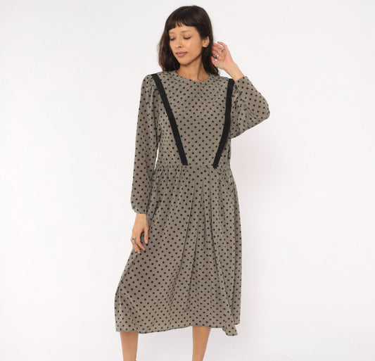80s Donna Morgan Diamond Print Midi Dress Grey Balloon Sleeve Medium M