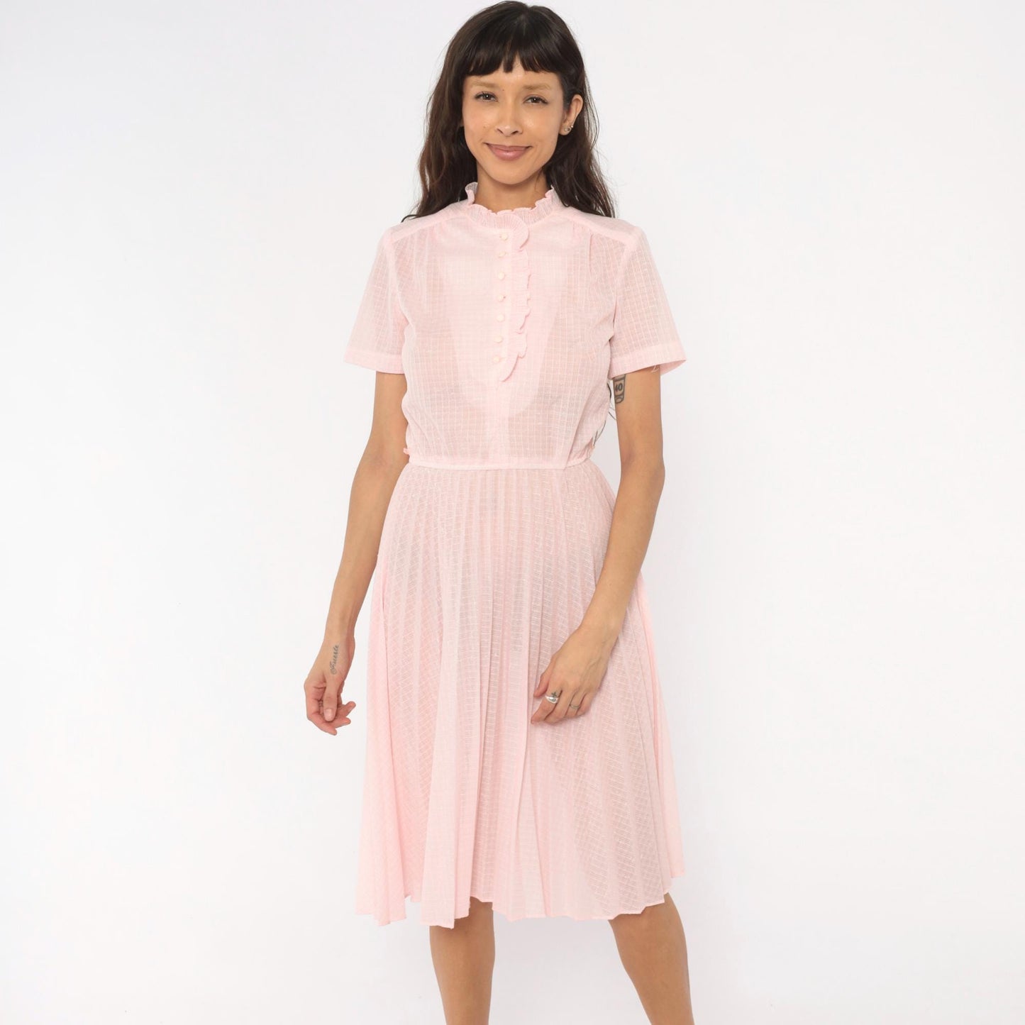 70s Blush Pink Shirtdress Pleated Midi Ruffled Collar Puff Sleeve Small S