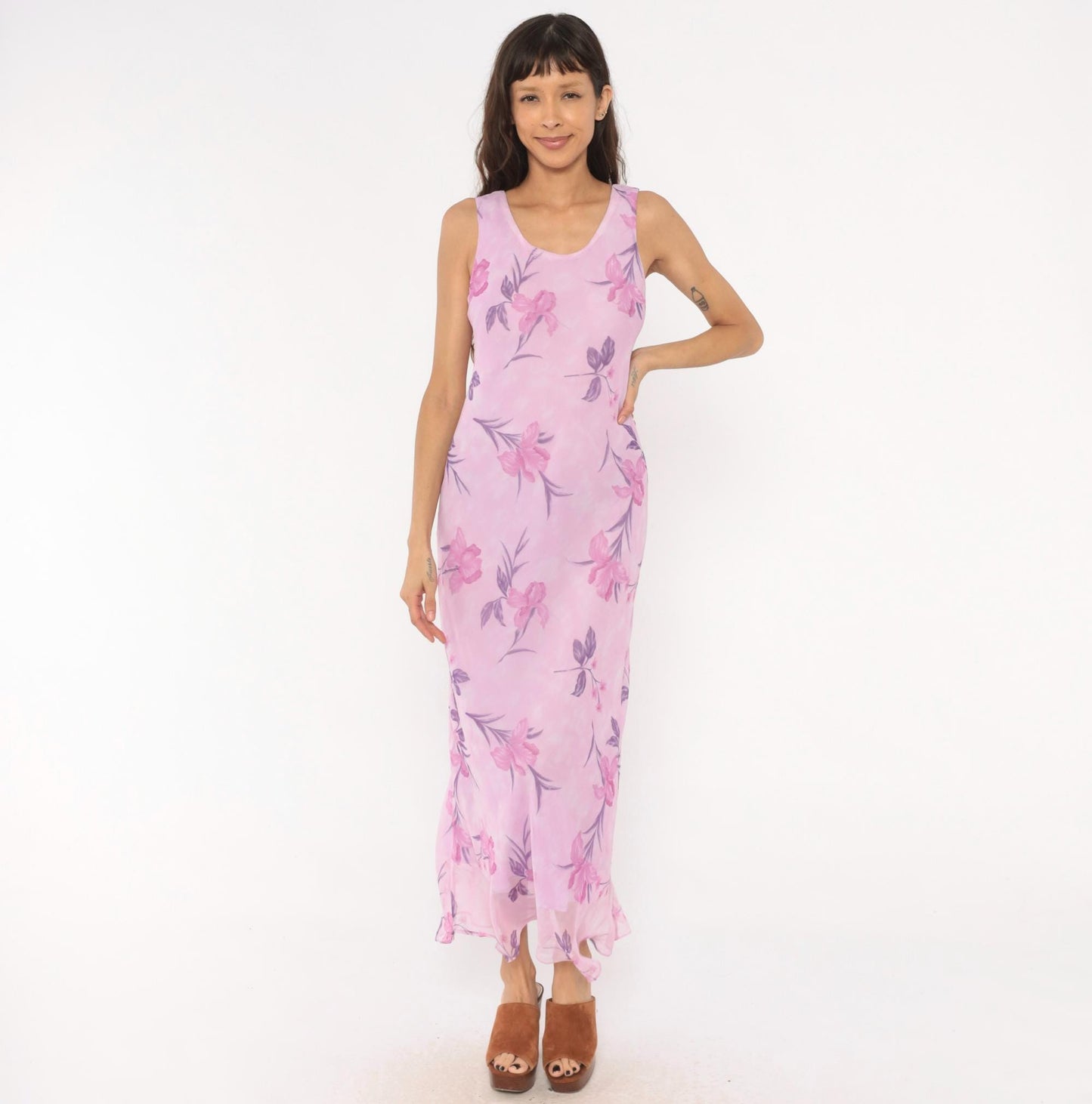 90s Sharon Max Lilac Floral Chiffon Maxi Dress Sleeveless Scoop Neck Small S