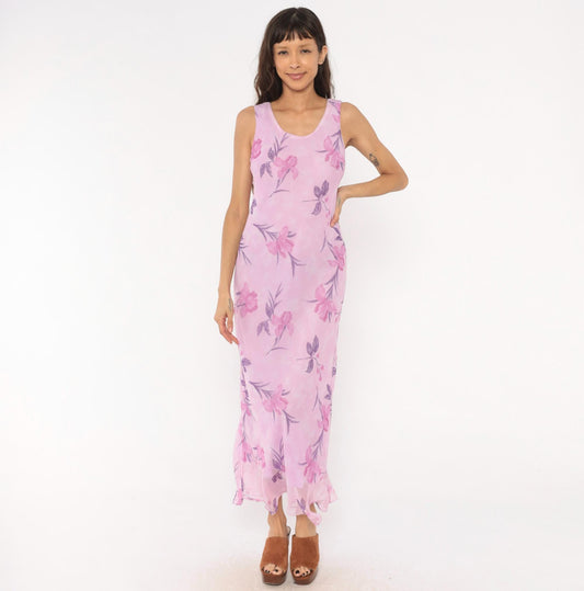 90s Sharon Max Lilac Floral Chiffon Maxi Dress Sleeveless Scoop Neck Small S
