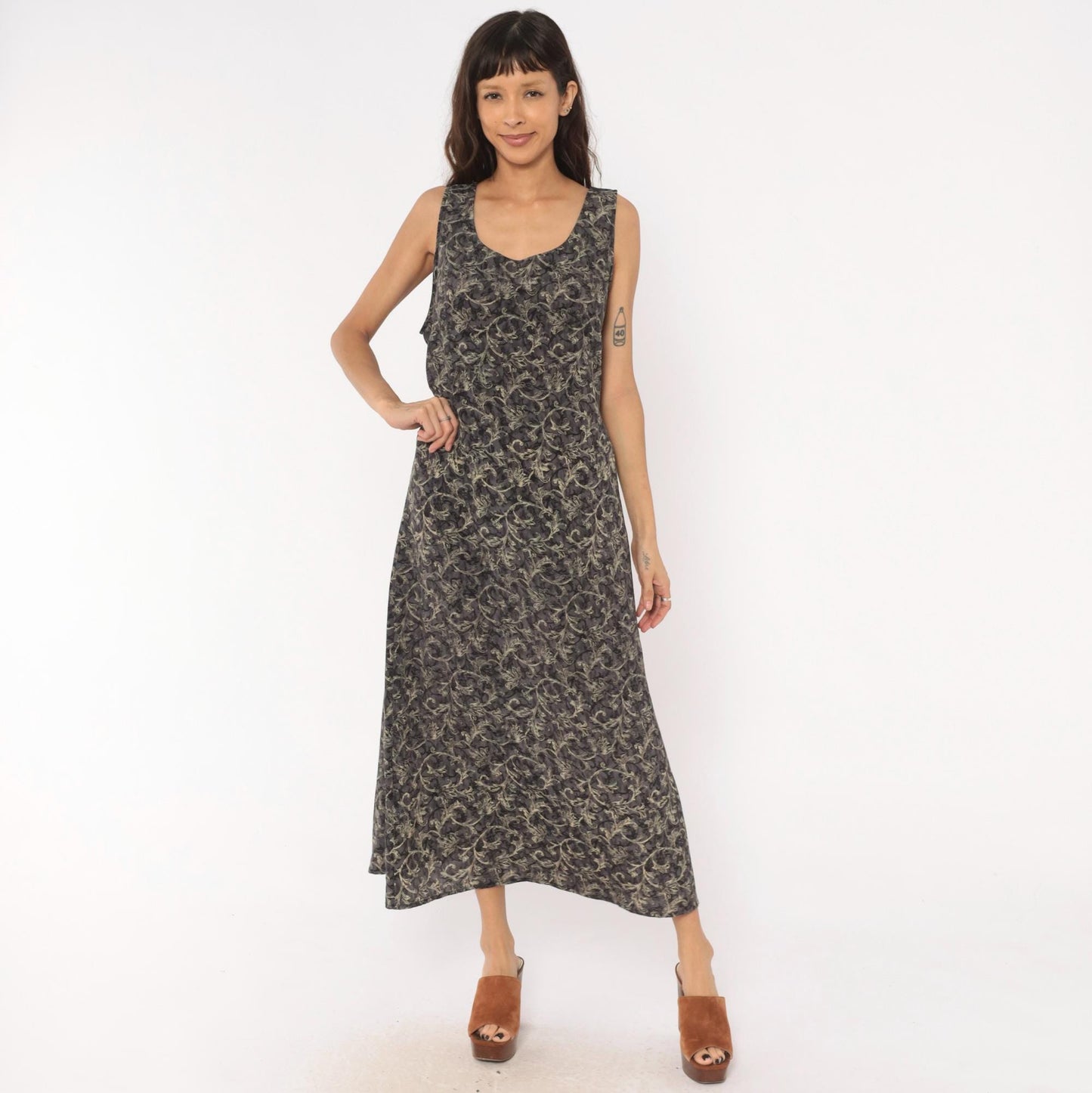 90s Worthington Baroque Maxi Dress Charcoal Floral Tank Tie Back Plus Size 1X